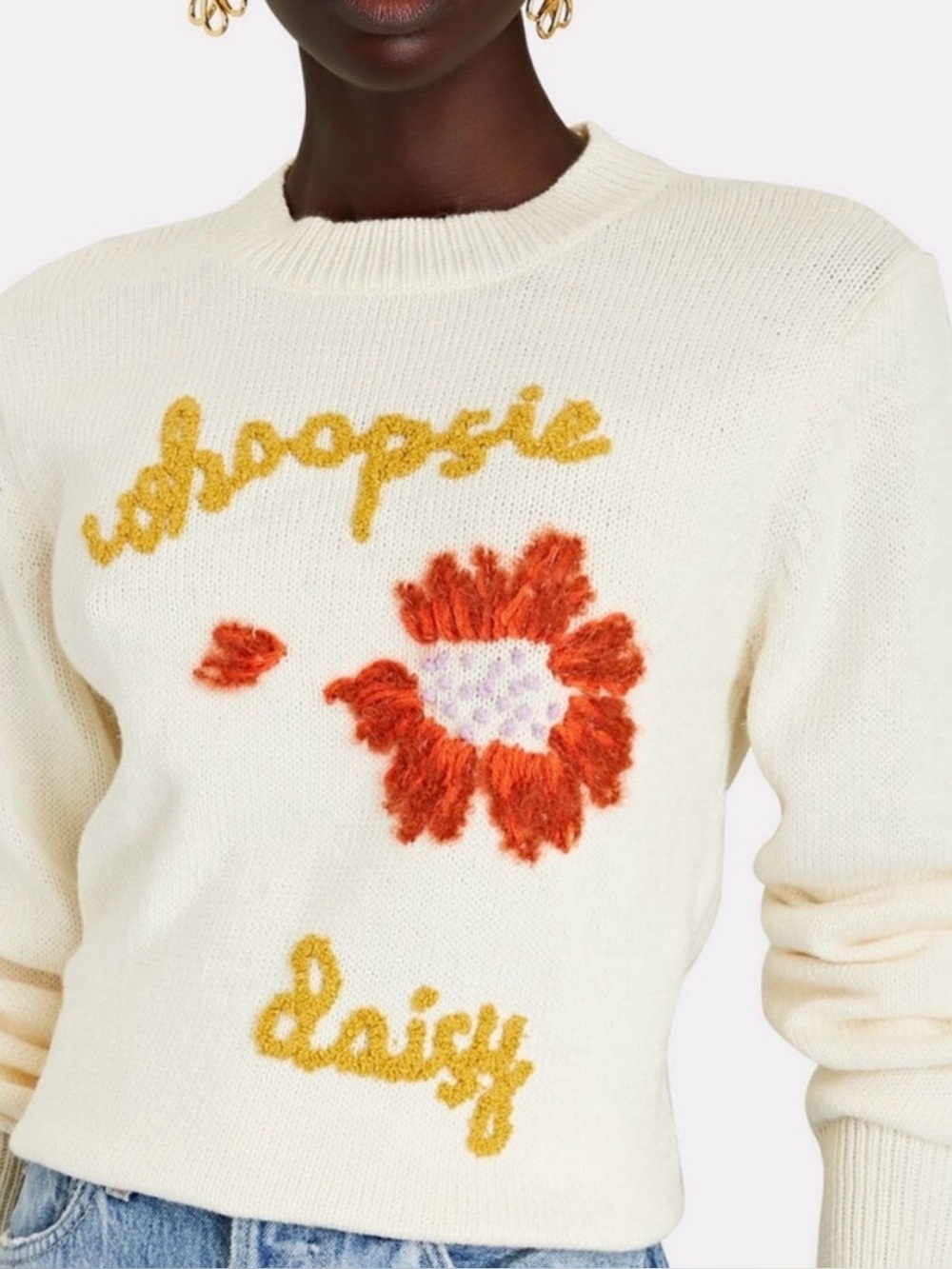 Lingua Franca Whoopsie Daisy Knit Pullover Crewneck Sweater Beige Small READ